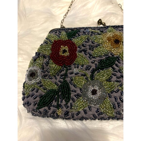 Floral Beaded Sudha Clutch Purse With Chain Strap MFA Boston Arts parties NWOT